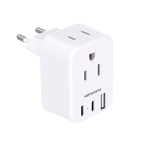 HANYCONY European Travel Plug Adapter USB C, International Plug Adapter, US to Europe Adapter Plug 2 Outlets 3 USB Ports(2 C Port), Type C Power Adapter to Italy Spain France Portugal Iceland Germany - Image 1