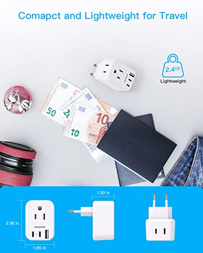 HANYCONY European Travel Plug Adapter USB C, International Plug Adapter, US to Europe Adapter Plug 2 Outlets 3 USB Ports(2 C Port), Type C Power Adapter to Italy Spain France Portugal Iceland Germany - Image 4