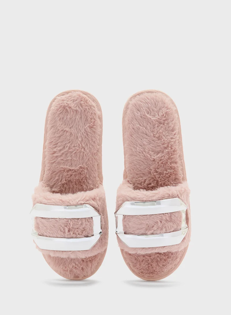 Ginger Metal Trim Fluffy One Strap Bedroom Slippers