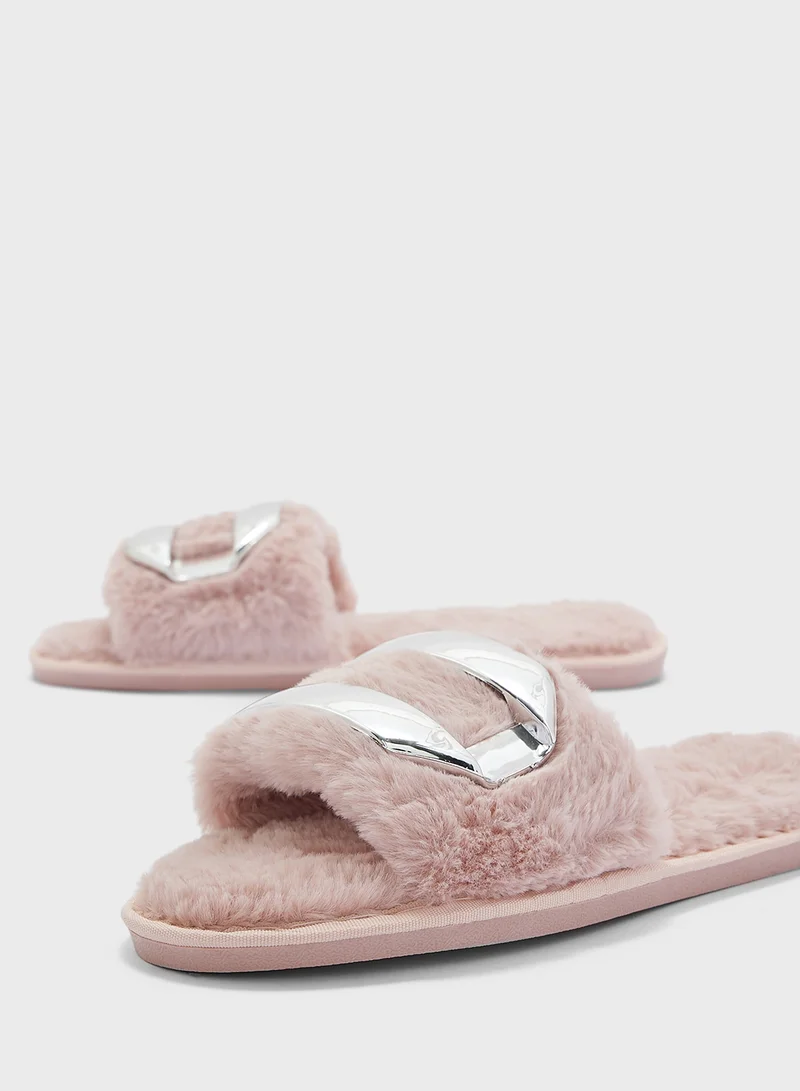 Ginger Metal Trim Fluffy One Strap Bedroom Slippers