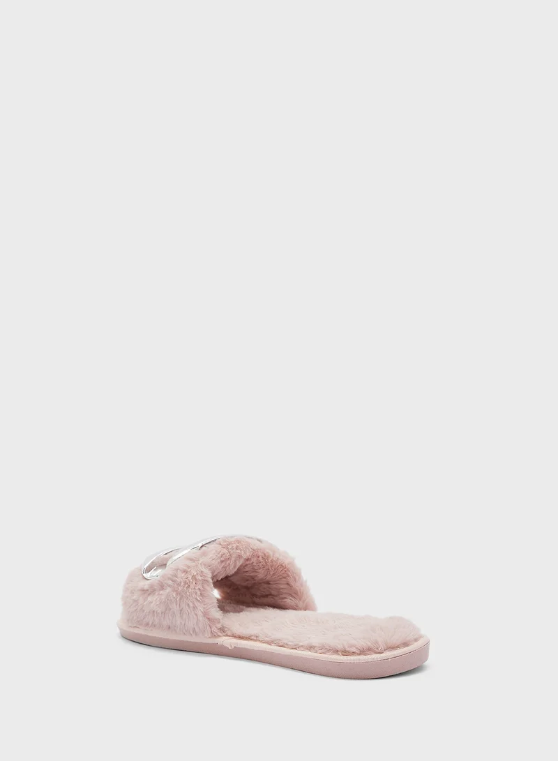 Ginger Metal Trim Fluffy One Strap Bedroom Slippers