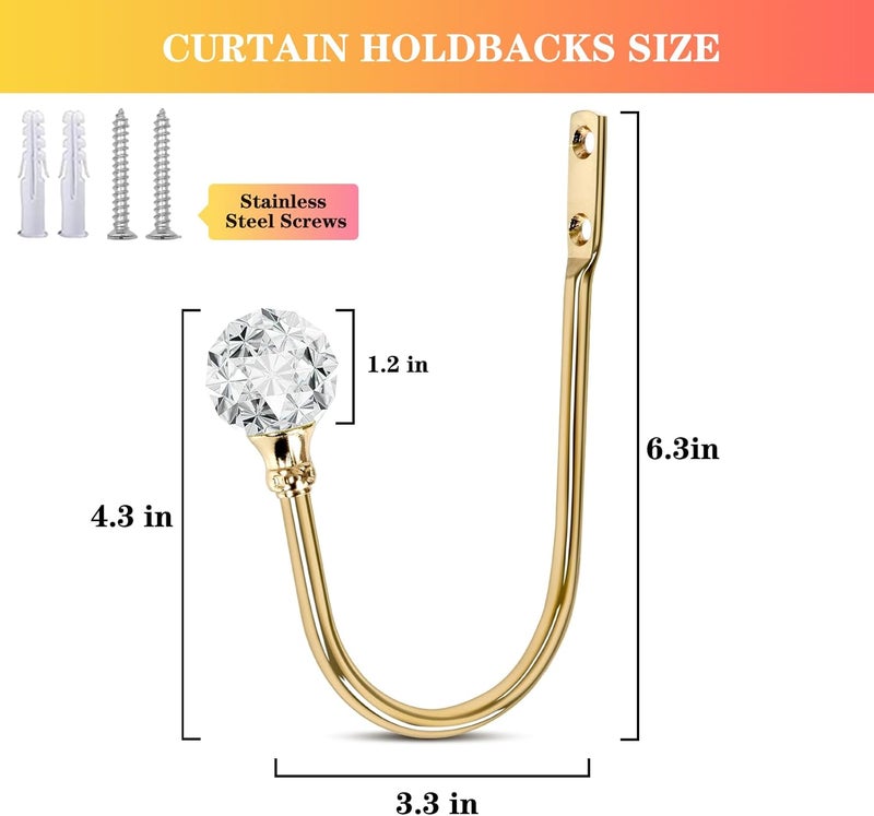 KOLAKO Curtain Holdbacks, 6 Pack Curtain Tiebacks with Crystal Ball, Wall Mounted Decorative Metal Heavy Duty Window Drapery Holders Pull Backs for Heavy Drapes, Curtain Tie Backs Hooks (Rose Gold - Image 2