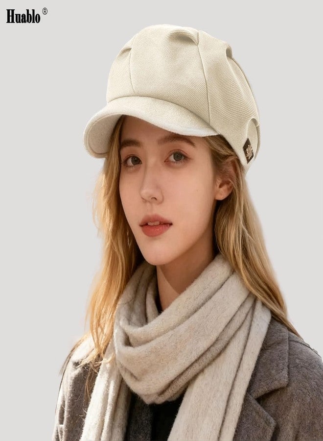 huablo Women's Folds Wool Newsboy Cap - Soft Brim, Convertible to Beret Style - Vintage Gatsby Cabbie Cap, Beige, One size - Image 2