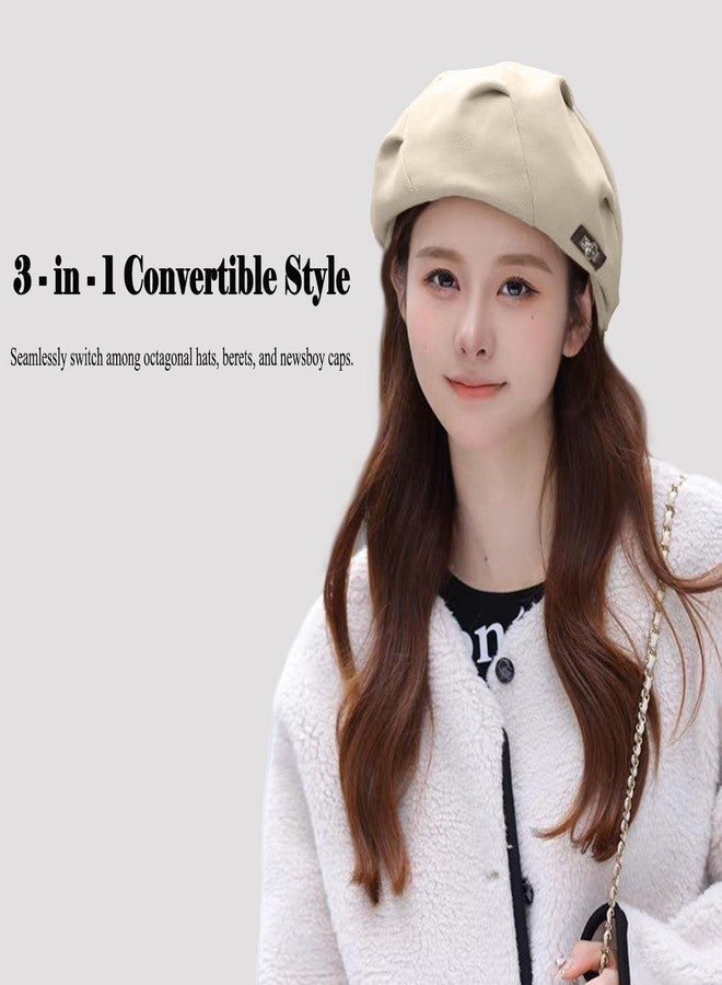 huablo Women's Folds Wool Newsboy Cap - Soft Brim, Convertible to Beret Style - Vintage Gatsby Cabbie Cap, Beige, One size - Image 4