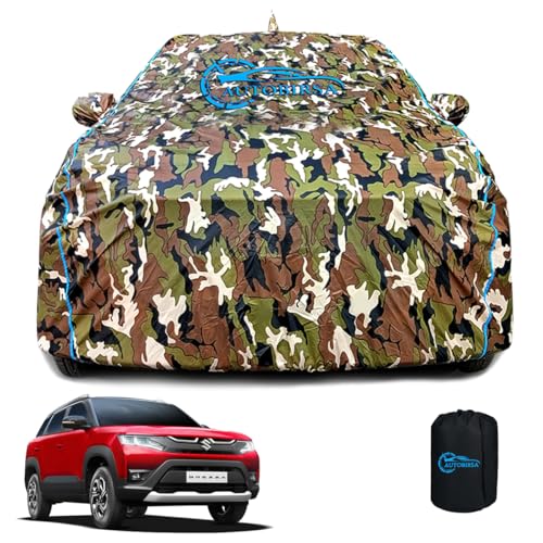 AUTOBIRSA Waterproof Car Body Cover Compatible with Maruti Suzuki Brezza VXI at Mirror Pocket and Antenna Pocket, Triple Stitched (Jungle Print with Blue Piping Design) - Image 1