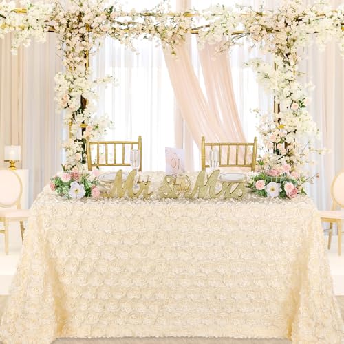 QueenDream QueenDream Rosette Tablecloth Ivory Tablecloth 90 x 132 Inch 3D Flower Overlay Satin Raised for Wedding Decorations Baby Shower Table Cloth 
