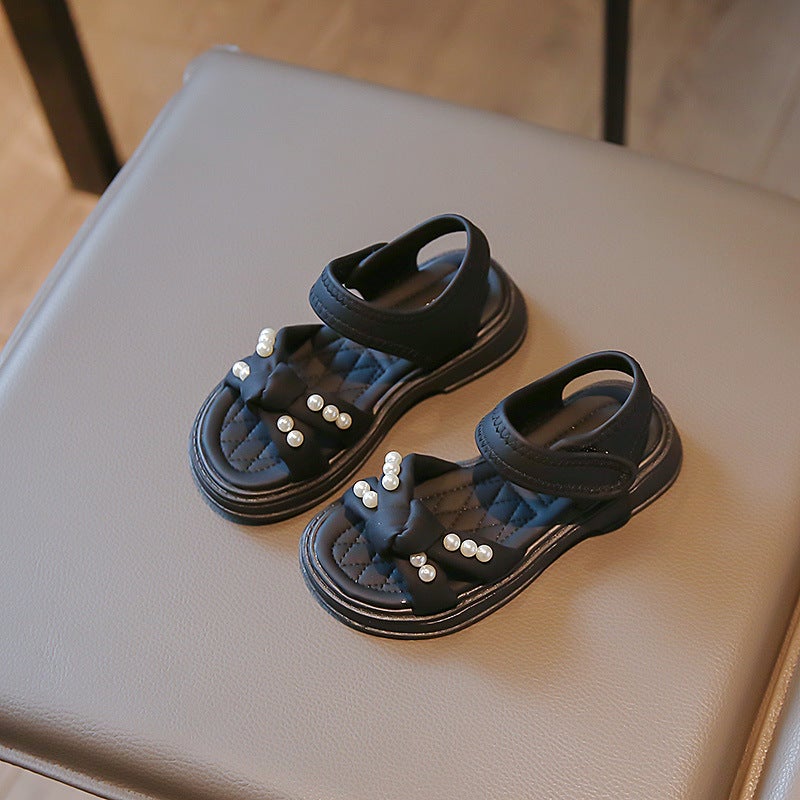 Girls Sandals Summer Soft Sole Beach Shoes Little Girls Open Toe Anti-Slip Shoes Baby Pearl Princess Shoes - Image 1