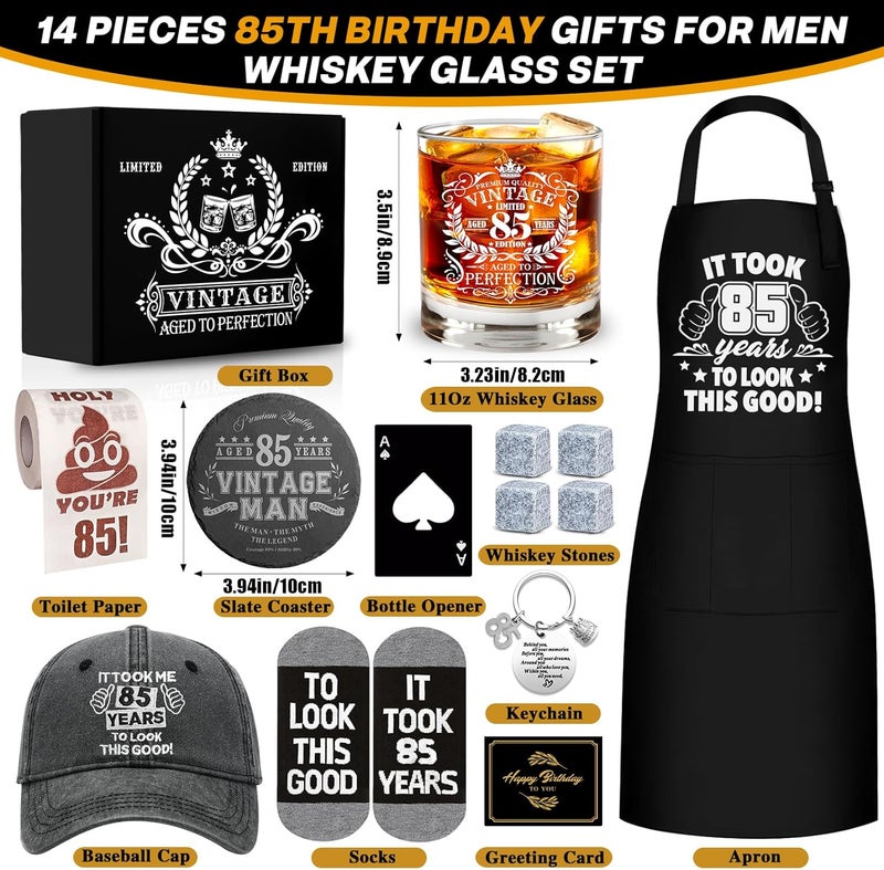 NVTROVI 85th Birthday Gifts for Men Whiskey Glass Set, 85th Birthday Party Supplies with 11 Oz Whiskey Glass Coaster Stone Baseball Cap Apron Sock Funny Toilet Paper Keychain for Him, Dad, Husband, Friends - Image 3