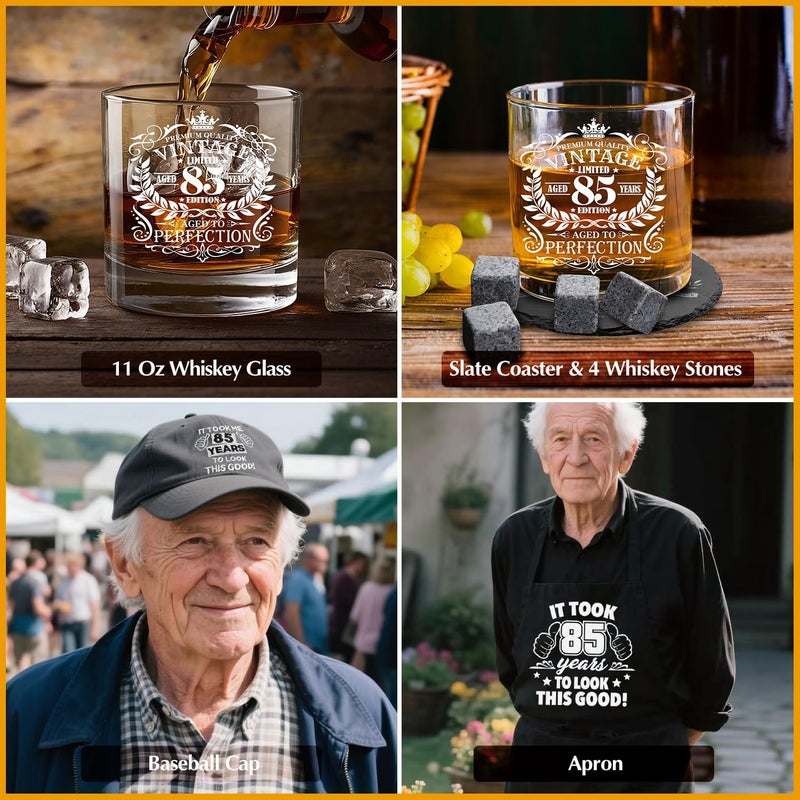 NVTROVI 85th Birthday Gifts for Men Whiskey Glass Set, 85th Birthday Party Supplies with 11 Oz Whiskey Glass Coaster Stone Baseball Cap Apron Sock Funny Toilet Paper Keychain for Him, Dad, Husband, Friends - Image 5