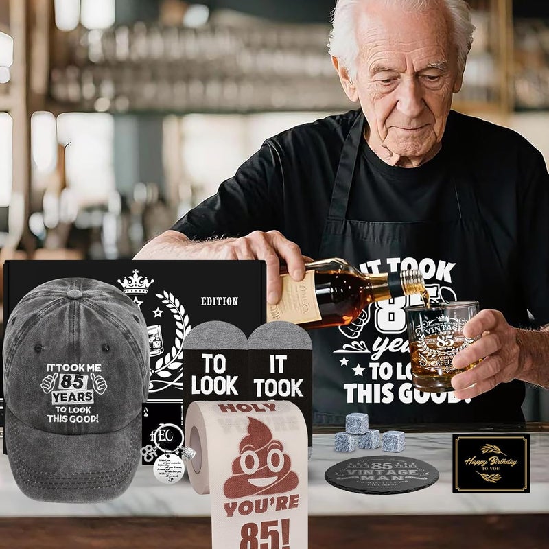 NVTROVI 85th Birthday Gifts for Men Whiskey Glass Set, 85th Birthday Party Supplies with 11 Oz Whiskey Glass Coaster Stone Baseball Cap Apron Sock Funny Toilet Paper Keychain for Him, Dad, Husband, Friends - Image 2