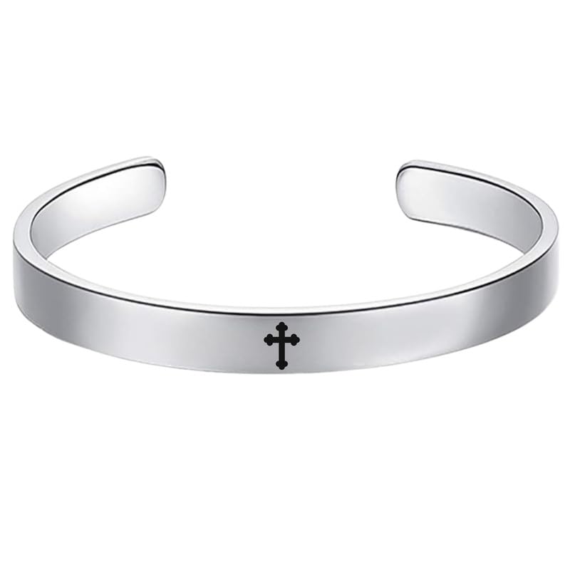 M Men Style Cross Design Christian Cuff Kada Wristbands, Inspirational Daily Bible Verse Bracelets Religious Gifts for Men Women Teens Silver Stainless Steel SKa2025177 - Image 1
