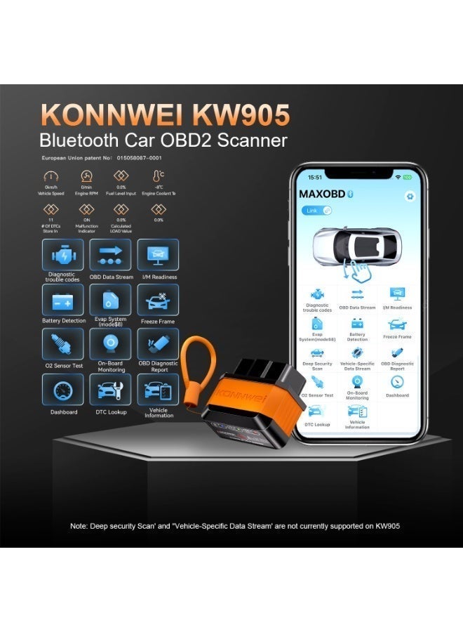 Konnwei OBD2 Scanner Bluetooth 5.2, Wireless Auto Fixd Car Diagnostic Tool，Works with iOS/Android，Car Check Engine Car Code Reader, Clear Error Code ，Performance Test ，Applicable to 99% of Cars - Image 4