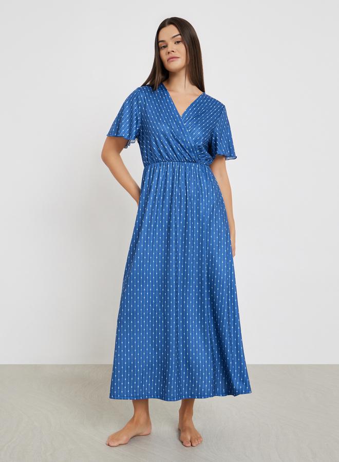 Styli Printed Wrap Look Flared Short Sleeve Nightdress - Image 1