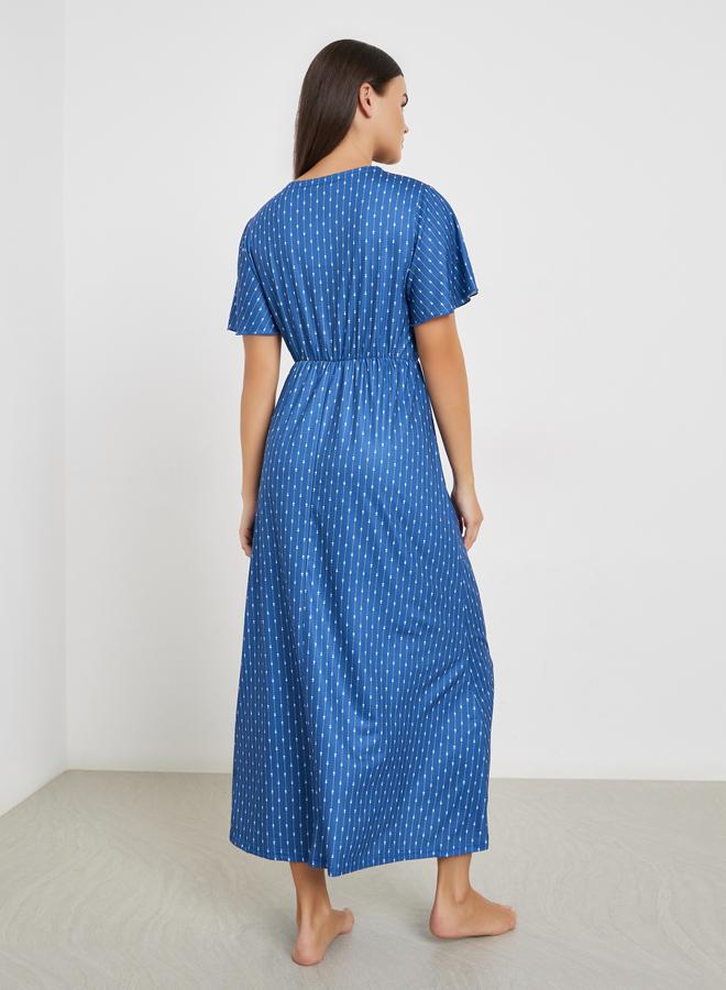 Styli Printed Wrap Look Flared Short Sleeve Nightdress - Image 4