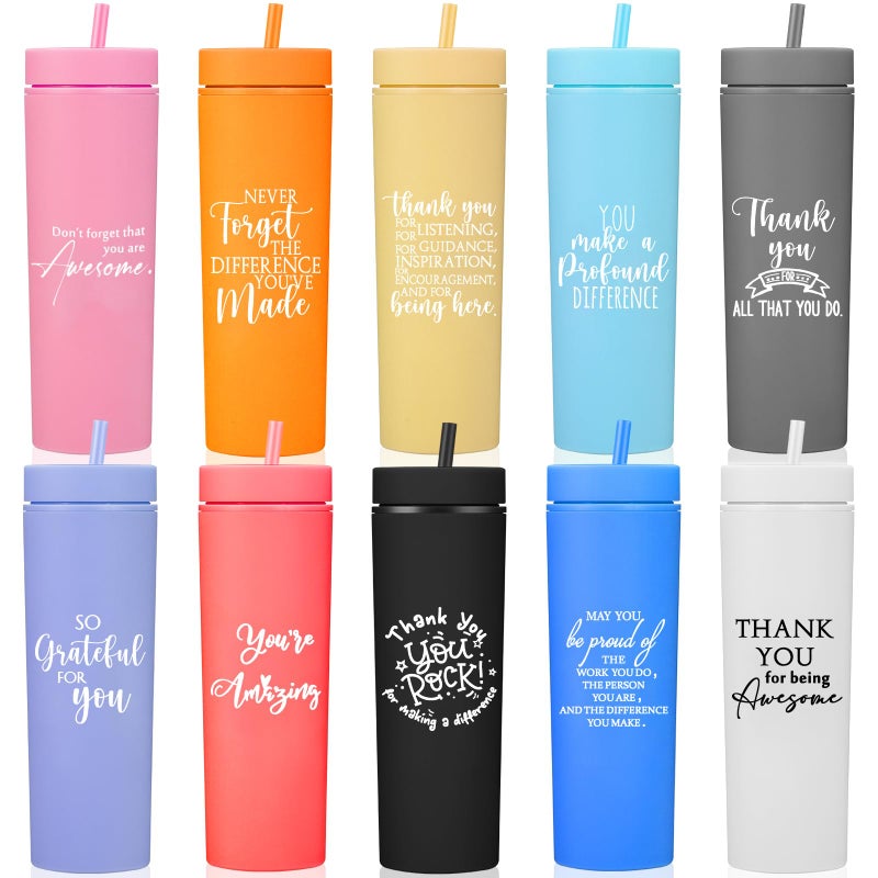 أكواب شكر Rtteri 10 قطع هدايا تقدير الموظفين 16 أونصة أكواب نحيفة مع أغطية وقش بلاستيكية للممرضين والمعلمين وفريق العمل والعاملين الاجتماعيين الملونة