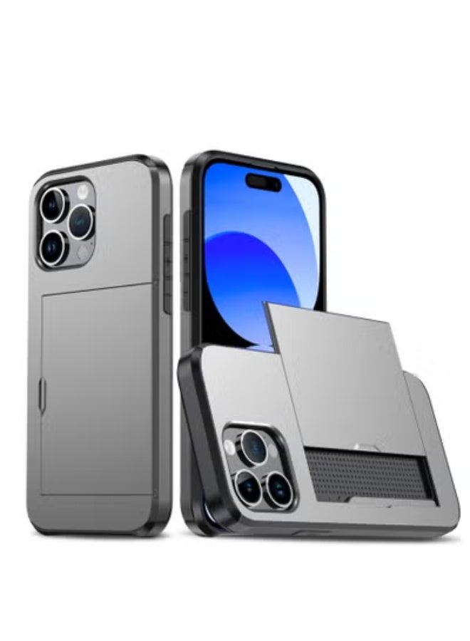 GULFLINK iPhone 15 Pro Max Case with Card Holder Heavy Duty Dual Layer Hidden Card Slot Slim Wallet Case Grey