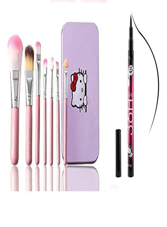 Ooplore Women's & Girl's Soft Bristles 7 Pink Makeup Brushes Set with 1 Black 36H Liquid Eyeliner Pencil - (Pack of 8) - Image 1