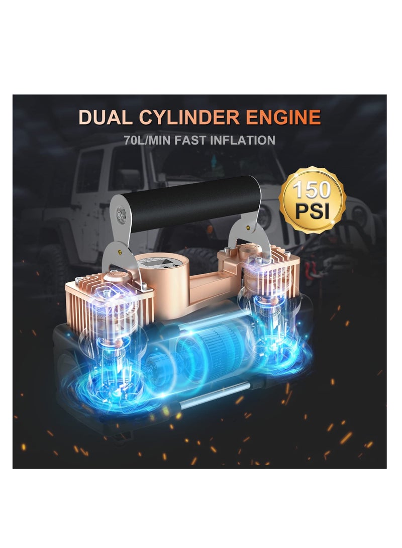 بروتون منفاخ الإطارات ضاغط هواء محمول، 150 رطل لكل بوصة مربعة 12 فولت تيار مستمر مضخة هواء معدنية ذات أسطوانات مزدوجة مع مقياس رقمي/أضواء LED/إيقاف تلقائي - Image 2