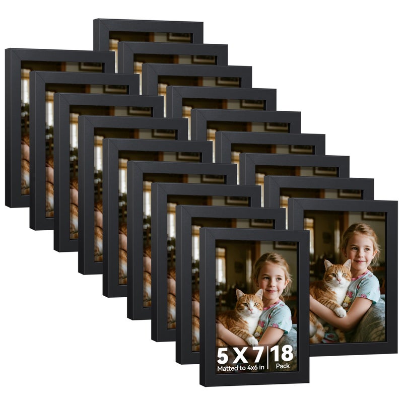 مجموعة إطارات صور HappyHapi 5x7 من 18 إطار أسود لعرض الصور 5x7 بدون مات أو 4x6 مع مات إطار صور معلق على الحائط أو عرض على الطاولة