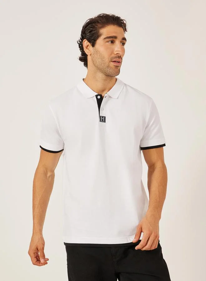 Minimal Print Relaxed Fit Polo T-Shirt with Contrast Placket