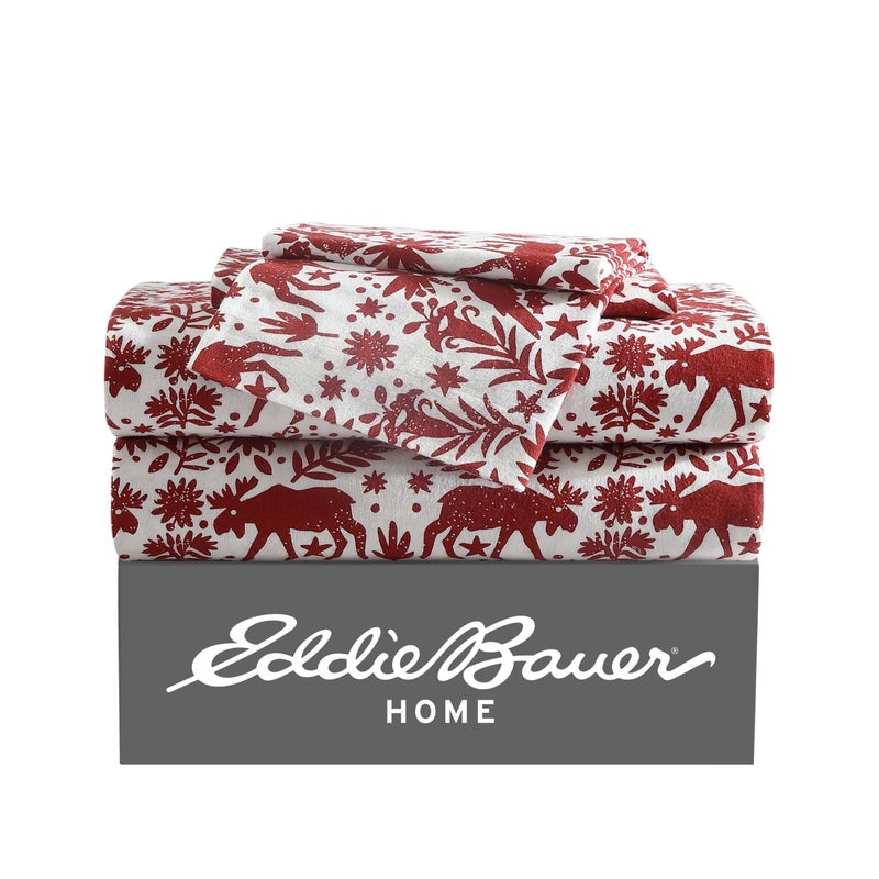 Eddie Bauer 3 Pc Flannel Sheets Twin Size - 100% Cotton Breathable & Soft Twin Sheets Set (1 Flat, 1 Flannel Fitted Sheet & 1 Pillowcase) - 12" Deep Pocket All Seasons Sheet Set (Arcadia Red) - Image 1