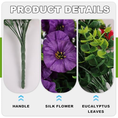 ADXORA Fake Artificial Hanging Morning Glory Flowers for Outdoor Planters Porch Pation Decoration,2 PCS UV Resistant Silk Faux Flowers with Realistic Eucalyptus Plants for Home Office Garden Decor - Image 3