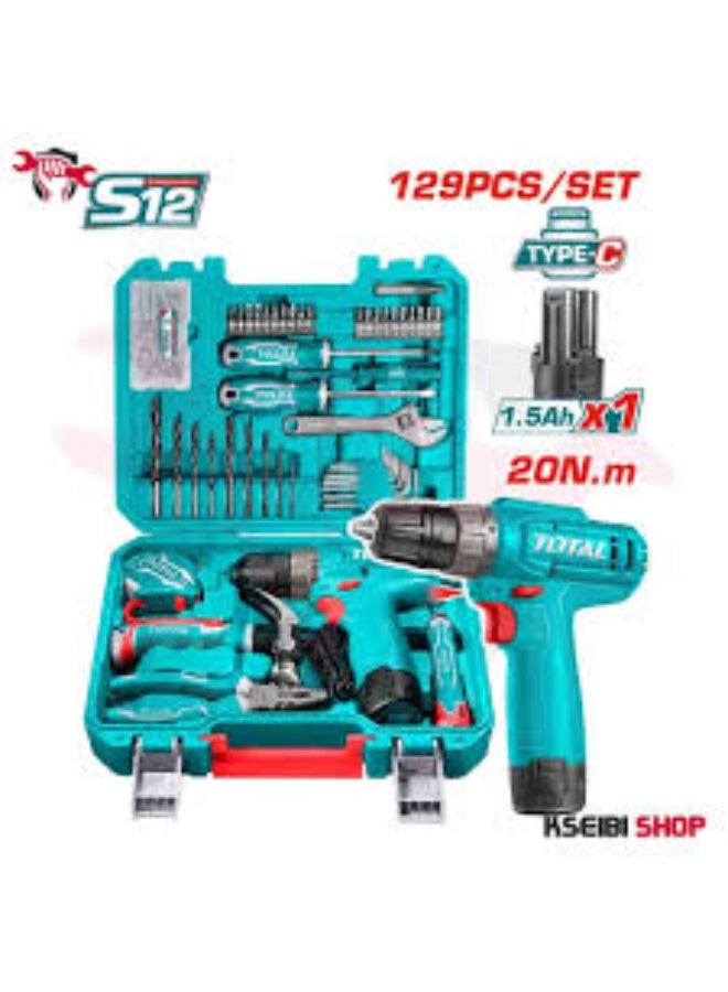 TOTAL 129-Piece Tool Kit with 12V Cordless Drill - Image 2