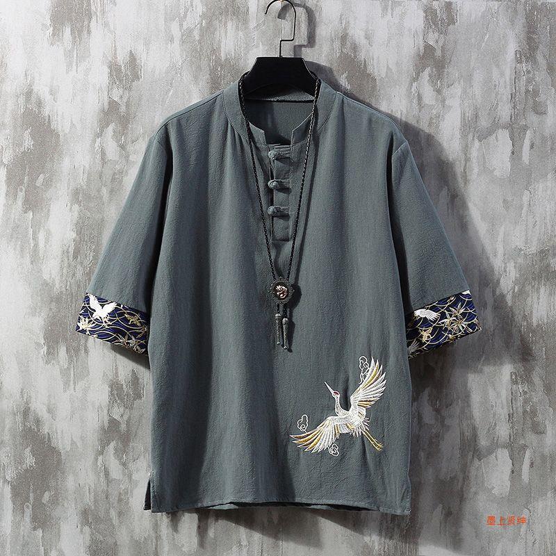 Embroidered Linen Short-Sleeved T-Shirt Men'S Summer Thin Loose Trendy Brand Plus Size Tang Chinese Style Cotton And Linen Buckle T-Shirt - Image 3