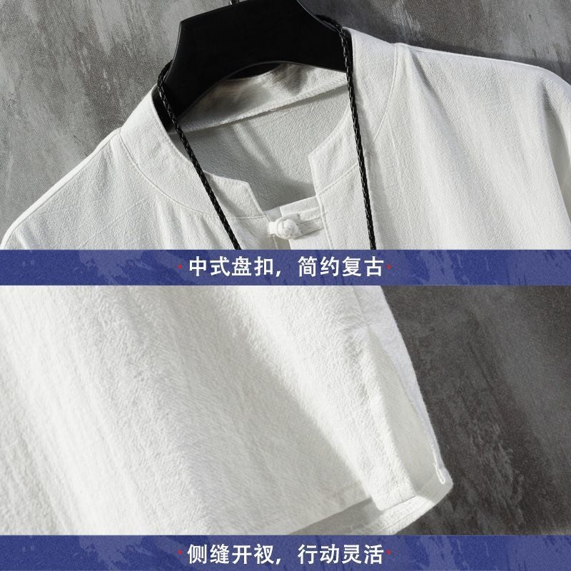 Embroidered Linen Short-Sleeved T-Shirt Men'S Summer Thin Loose Trendy Brand Plus Size Tang Chinese Style Cotton And Linen Buckle T-Shirt - Image 4