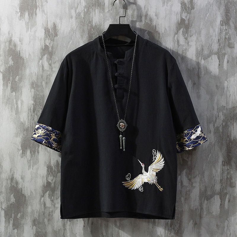 Embroidered Linen Short-Sleeved T-Shirt Men'S Summer Thin Loose Trendy Brand Plus Size Tang Chinese Style Cotton And Linen Buckle T-Shirt - Image 1
