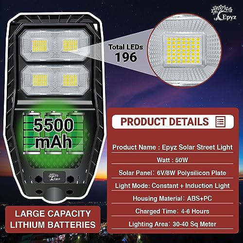 Epyz Plastic 50Watt Solar Street Light Outdoor Waterproof with Remote 196 LEDs Motion Sensor Light and Dusk to Dawn for Garden,Street,Lawn [ with Out Pole ] [ Pack of 1,Cold White ] - Image 4