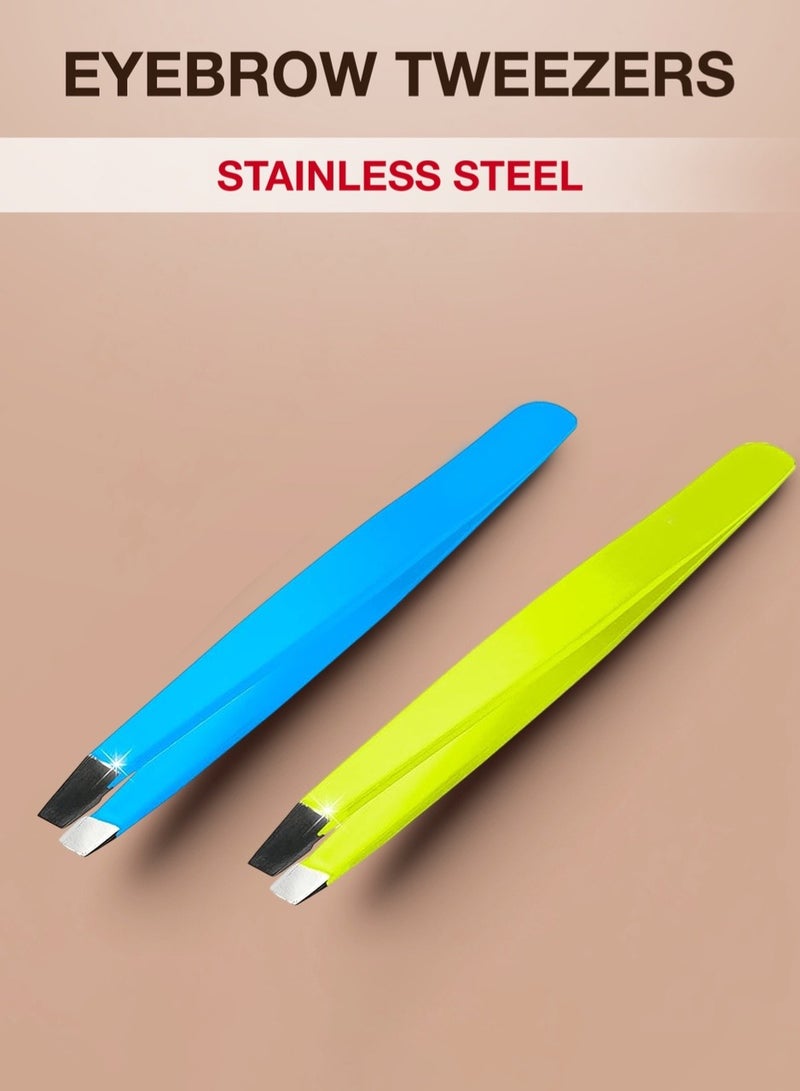 RCler lab. Flario Professional Eyebrow Tweezers, Tweezers for Men, Women and Children, with Angled Tip for Easy Plucking of Ingrown Hairs, Stainless Steel (Blue & Yellow) - Image 1