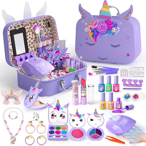 Mqsiuve Kids Makeup Kit for Girl 2 in 1 Kids Washable Makeup Toys Nail Art Kit with Nail Dryer and Storage Case Real Girl Makeup Set Birthday Gifts Toys for 3 12 Year Old Girls Dark Purple - Image 1