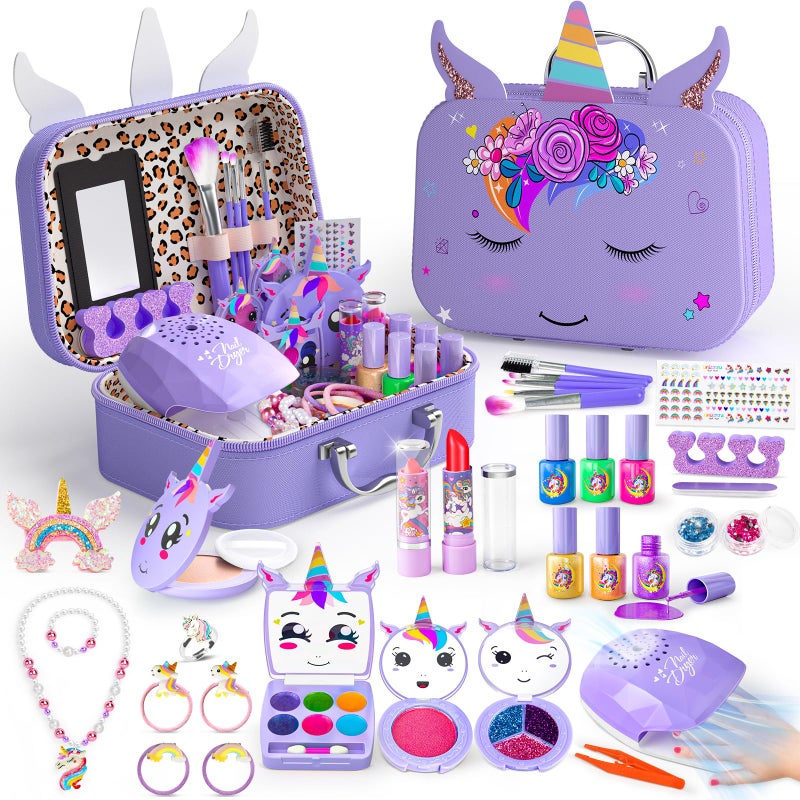 Mqsiuve Kids Makeup Kit for Girl 2 in 1 Kids Washable Makeup Toys Nail Art Kit with Nail Dryer and Storage Case Real Girl Makeup Set Birthday Gifts Toys for 3 12 Year Old Girls Dark Purple - Image 2
