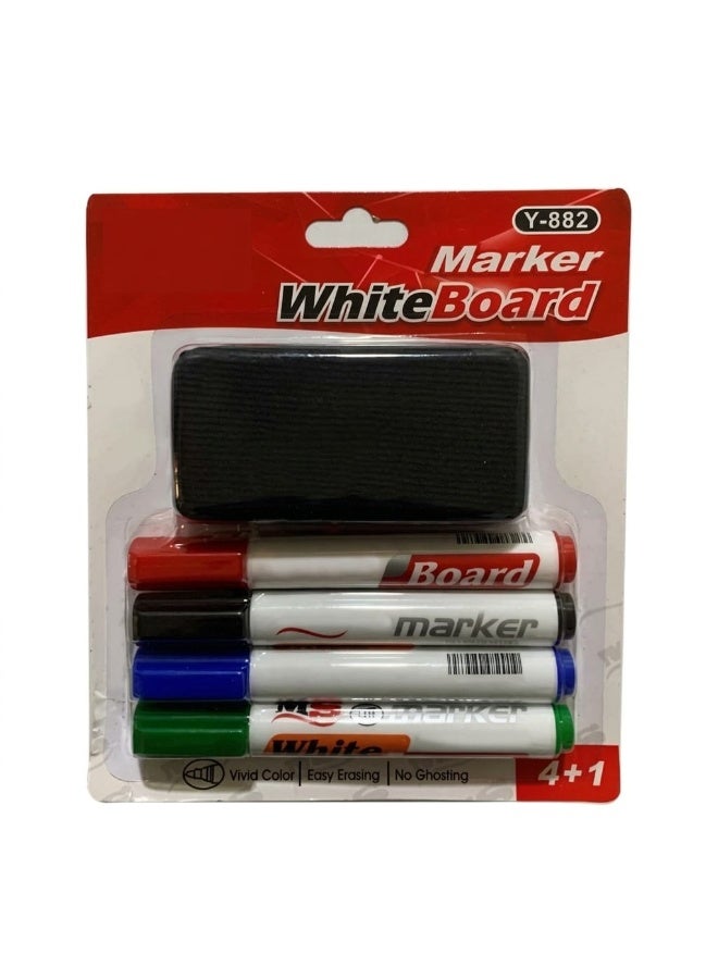 كارت اقلام ماركر 4 قطع 3 قلم سبورة بثلاثة ألوان + ممحاة سبورة