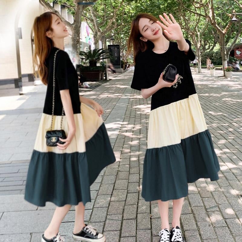 Maternity Summer Splice Loose A-Line Dress 718# Green  - Image 2