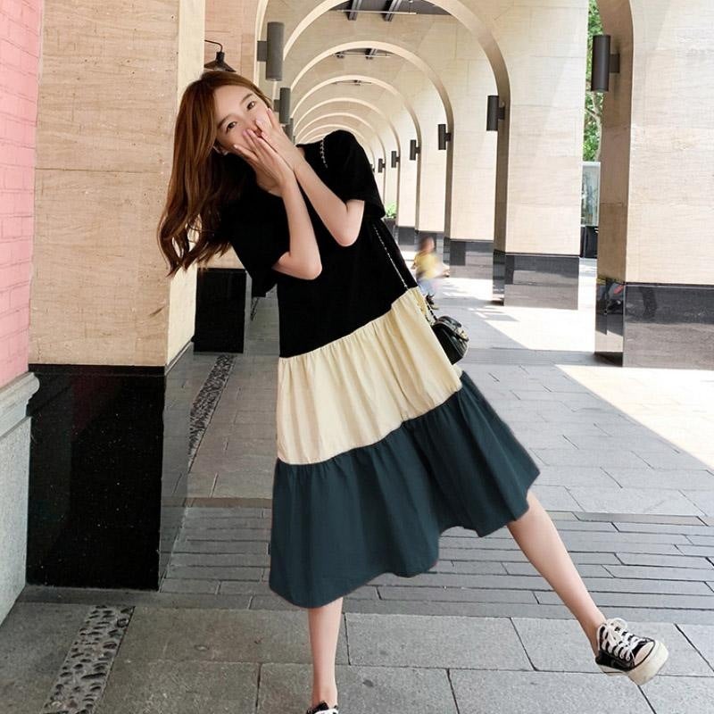 Maternity Summer Splice Loose A-Line Dress 718# Green  - Image 5