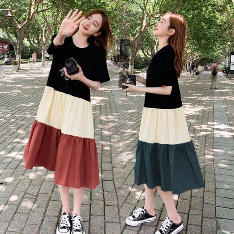 Maternity Summer Splice Loose A-Line Dress 718# Green  - Image 3