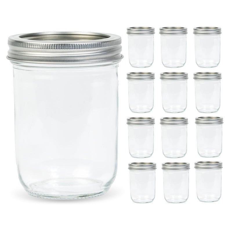 Yodecy 12 Pack 16 oz Wide Mouth Clear Mason Jars with Silver Metal Lids, Canning Jars for Overnight Oats, Food Storage, Dry Food, Snacks, Candies and More - Image 1
