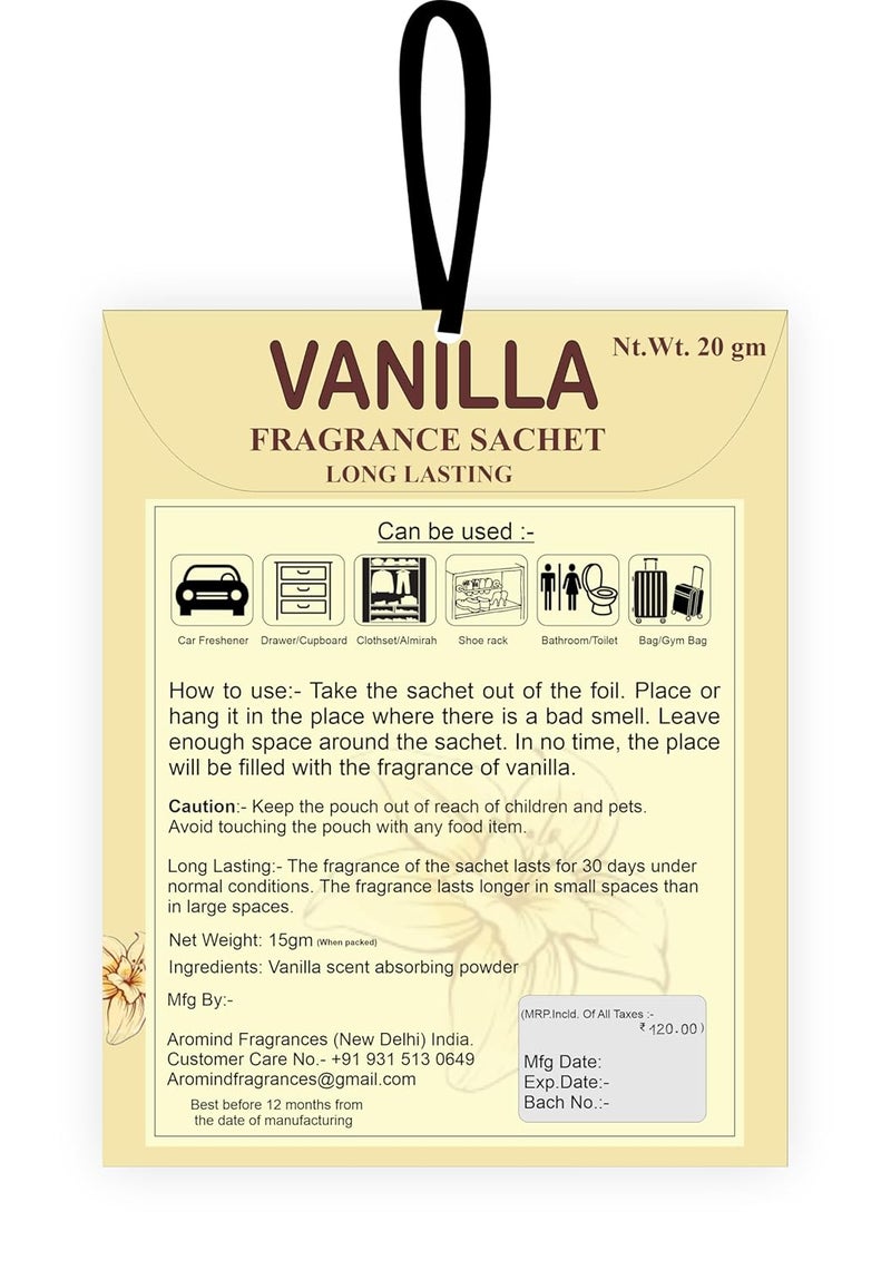 AROMIND AROMIND Vanilla Fragrance Sachet Set of 6 Long Lasting Air Freshener Pouch for Car Wardrobe Kitchen Bathroom Clothes Drawer and Travel Bag Each Sachets 20gm Multi Use Fragrance Pouch  - Image 4