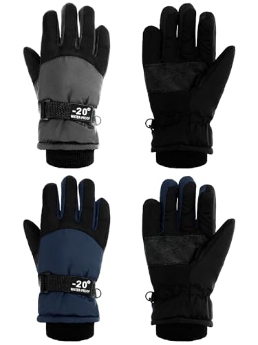 SATINIOR 2 Pairs Kids Waterproof Winter Snow Gloves Ski Gloves for Boy Girl Outdoor Warm Thickening Snowboard(Dark Gray, Dark Blue,10-15 Years) - Image 1