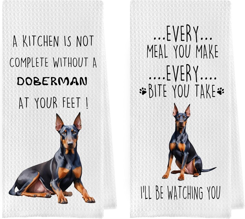 Geqtt Funny Doberman Dish Towels Set - Funny Doberman Gifts Decorative Waffle Kitchen Towels, Doberman Hand Towels, Doberman Tea Towels, Doberman Gifts (16×24 Inches, Set of 2) - Image 1