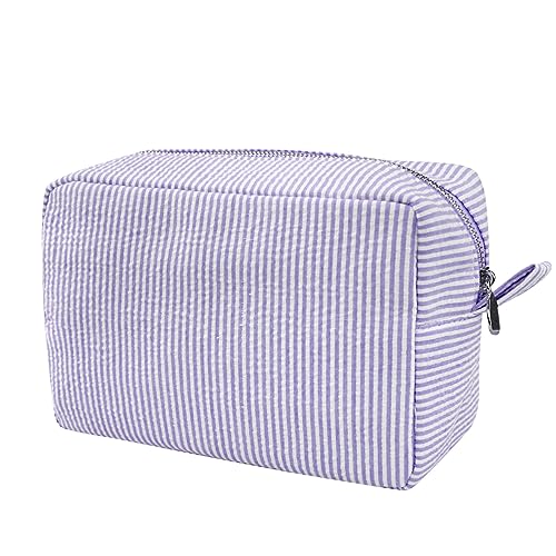 GFU Cosmetic Bags for Women, Seersucker Cosmetic Bag, Travel Toiletry Stripe Makeup Bag, Large Women Aesthetic Organizer Storage Pouch, Girls Handbags Purses,Purple - Image 1