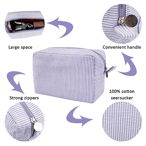 GFU Cosmetic Bags for Women, Seersucker Cosmetic Bag, Travel Toiletry Stripe Makeup Bag, Large Women Aesthetic Organizer Storage Pouch, Girls Handbags Purses,Purple - Image 2