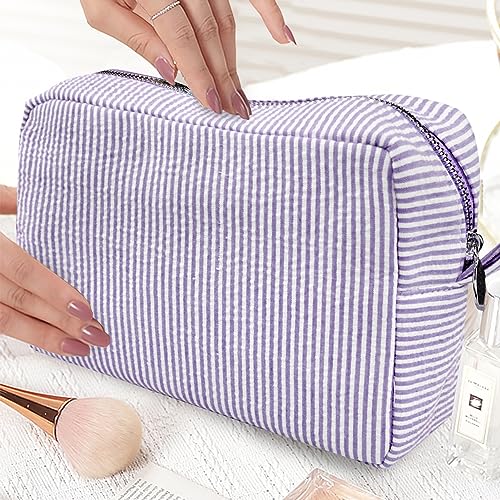GFU Cosmetic Bags for Women, Seersucker Cosmetic Bag, Travel Toiletry Stripe Makeup Bag, Large Women Aesthetic Organizer Storage Pouch, Girls Handbags Purses,Purple - Image 4
