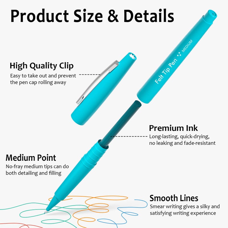 Lelix 40 Colors Felt Tip Pens, Medium Point Felt Pens, Assorted Colors Markers Pens For Journaling, Writing, Note Taking, Planner Coloring, Perfect as Art Office and School Supplies - Image 4