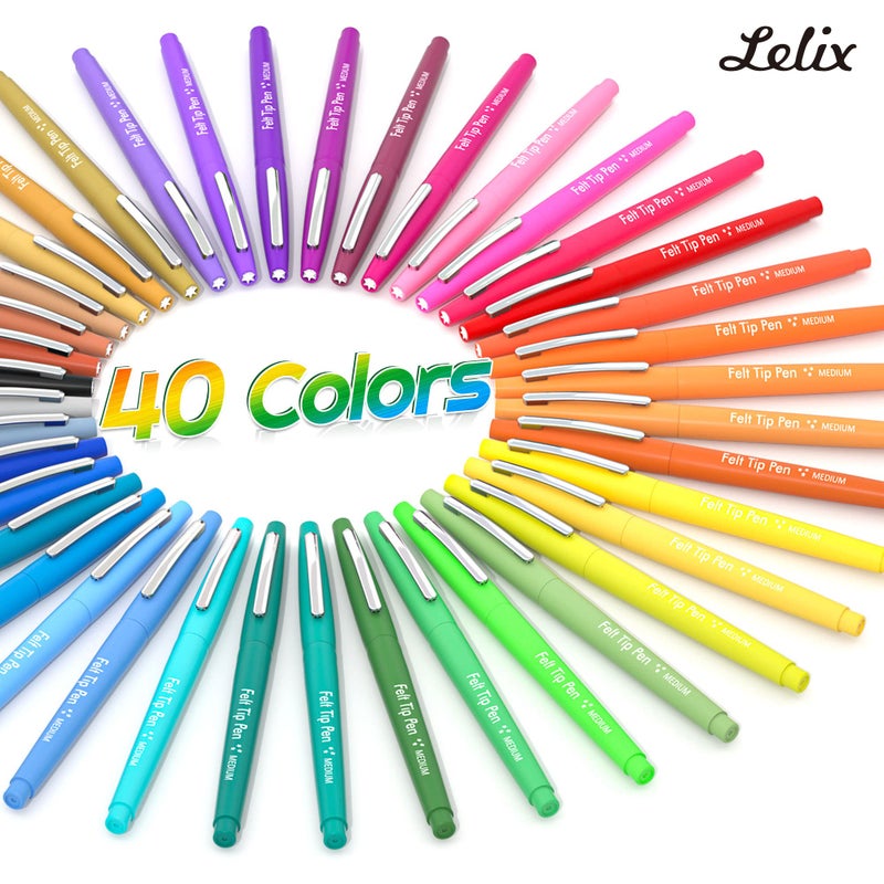 Lelix 40 Colors Felt Tip Pens, Medium Point Felt Pens, Assorted Colors Markers Pens For Journaling, Writing, Note Taking, Planner Coloring, Perfect as Art Office and School Supplies - Image 2