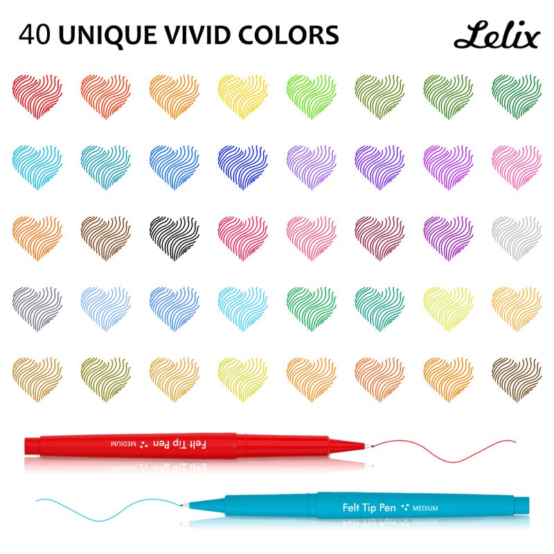 Lelix 40 Colors Felt Tip Pens, Medium Point Felt Pens, Assorted Colors Markers Pens For Journaling, Writing, Note Taking, Planner Coloring, Perfect as Art Office and School Supplies - Image 3