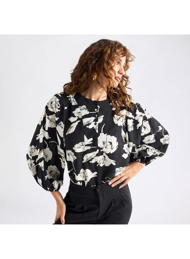 Splash FAV All-Over Floral Print Crew Neck Top with Volume Sleeves  - Image 1