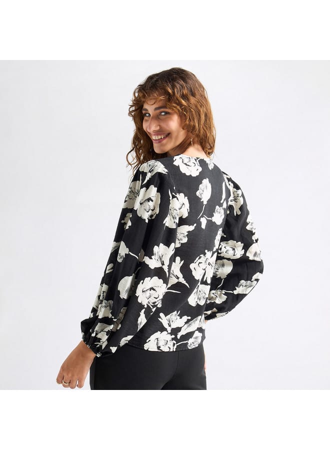 Splash FAV All-Over Floral Print Crew Neck Top with Volume Sleeves  - Image 3